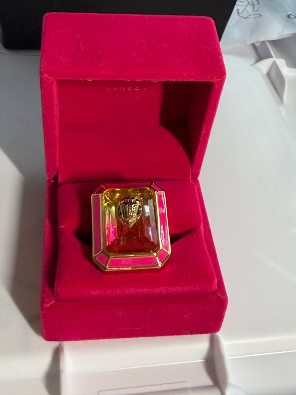 Kirk Geiger Gold-Tone Pink and Amber Statement Cocktail Ring NWBox 6 1/2